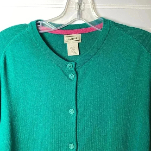 LL Bean Cotton Knit Button Down Green Cardigan Sweater Size Large - Picture 2 of 7